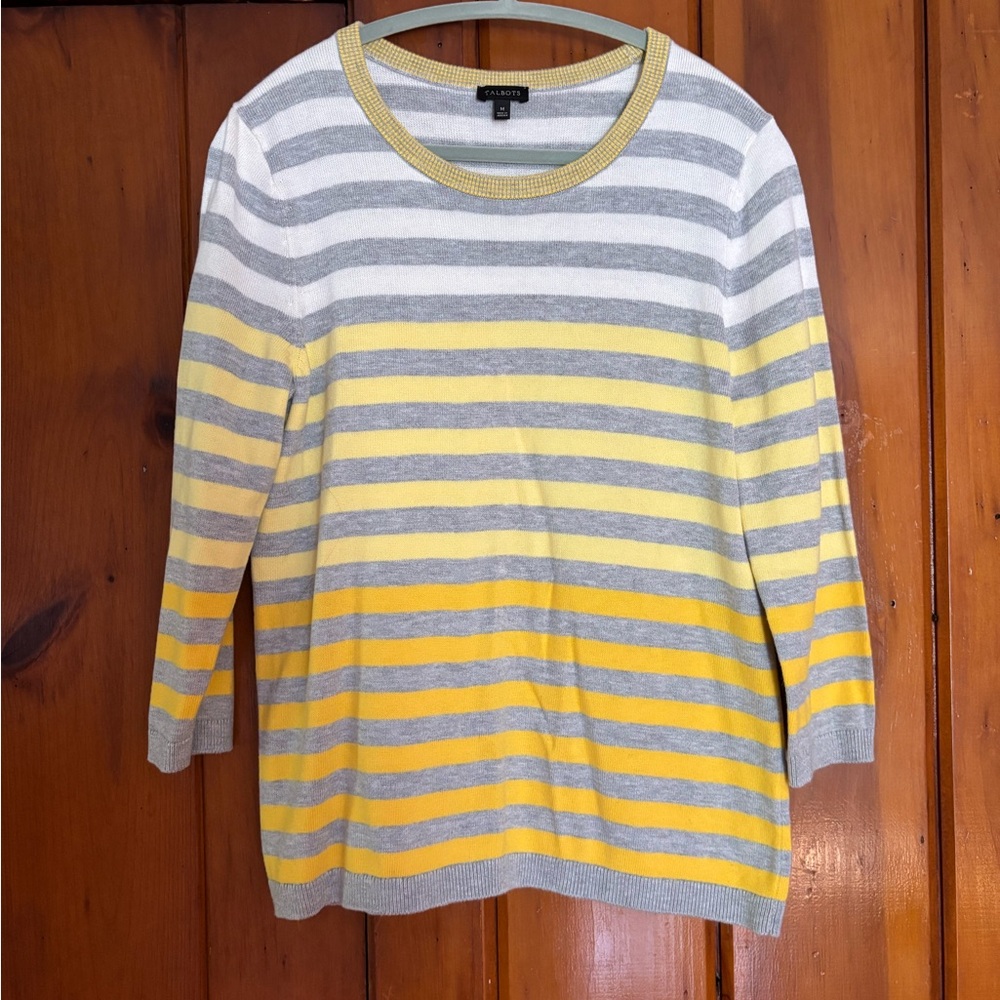 Talbots Striped Crew Neck Sweater in Gray and Yellow